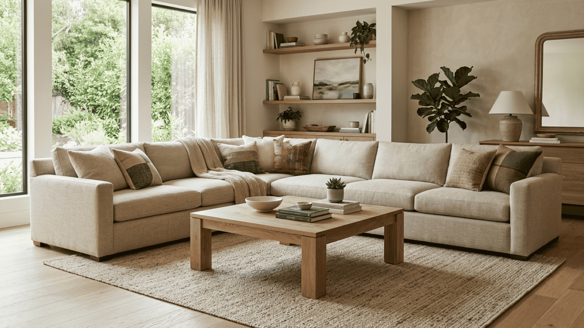 square coffee table centered inside an l-shaped sectional seating area in a modern living room
