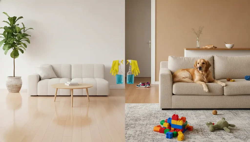 Split image contrasting clean living room with couch and plant on one side, and messy living room with dog, toys, and treats on the other