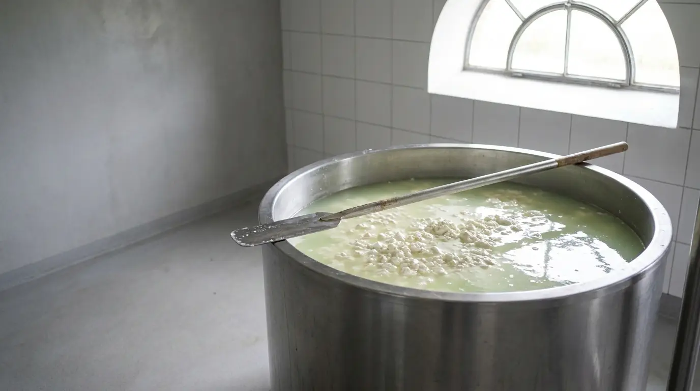 Large stainless steel vat with curdling milk under a window in a tiled room