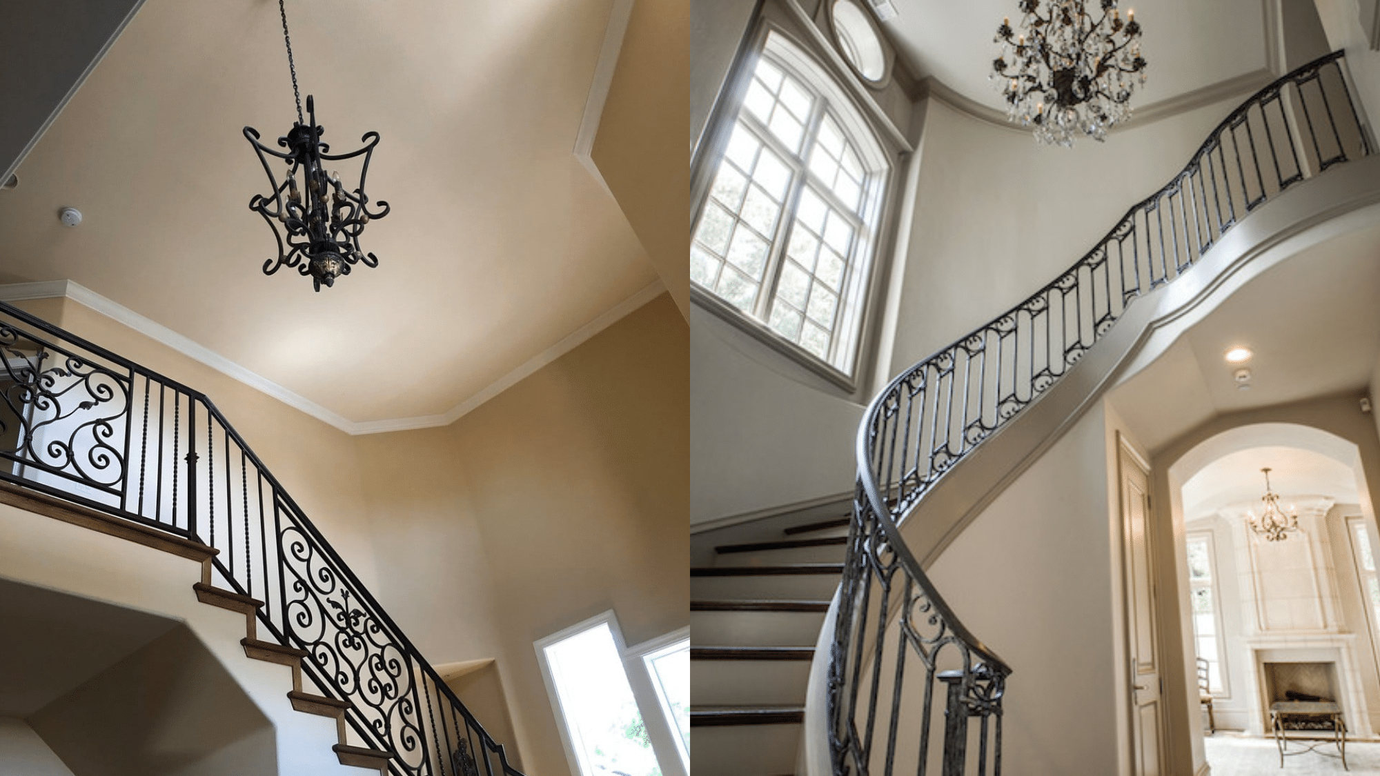 before and after comparison of a staircase with beige paint one side and lighter walls on the other side
