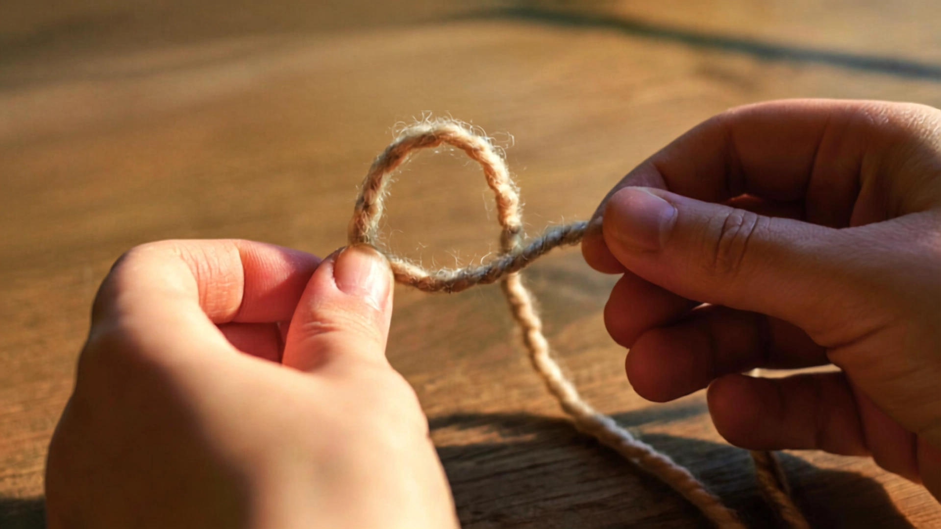 Hands holding beige yarn shaped into a loose starting loop above a wooden surface in warm natural afternoon sunlight