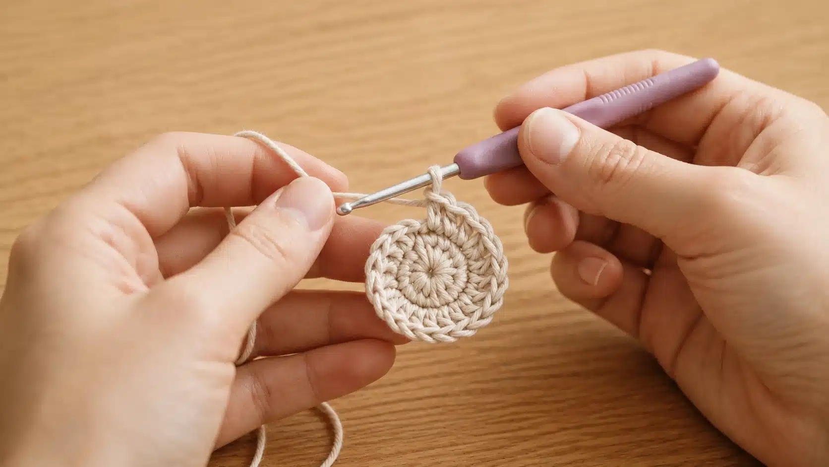 Hands crocheting a beige circular piece with a yellow handled hook while working stitches around the outer edge
