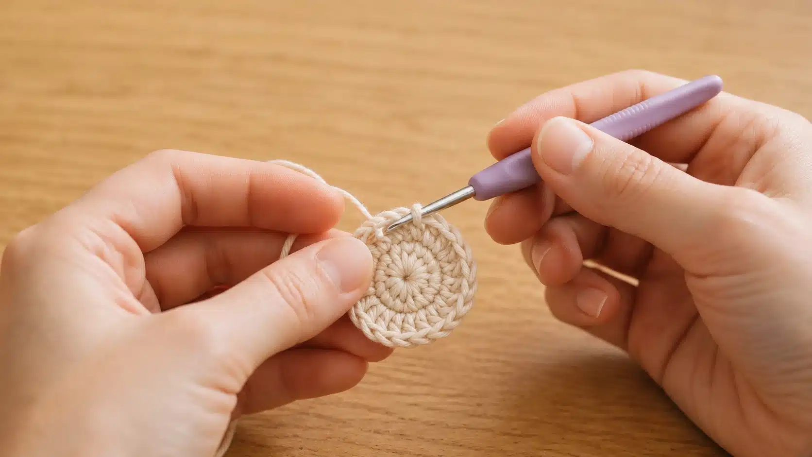 Hands inserting a yellow handled crochet hook into the edge of a beige circular piece on a neutral tabletop surface