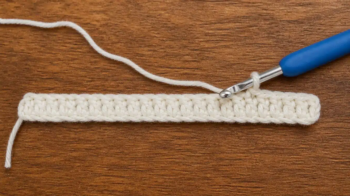 Step-by-step guide on starting the first row of double crochet in crochet technique.