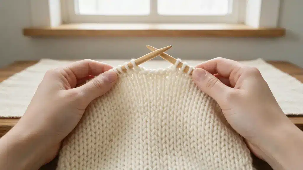 A person knitting a sweater using a wooden needle focused on their work with yarn in various colors