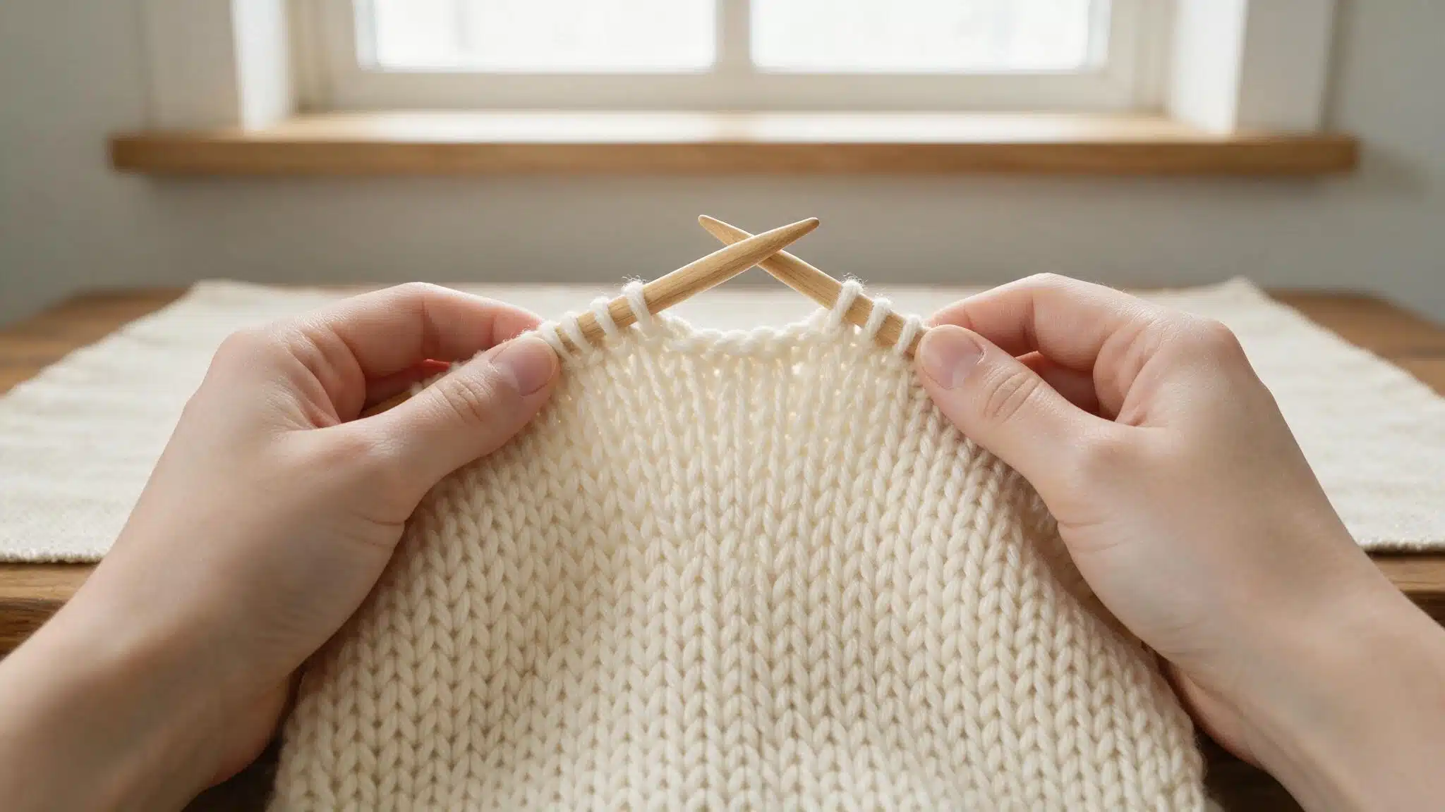 A person knitting a sweater using a wooden needle focused on their work with yarn in various colors