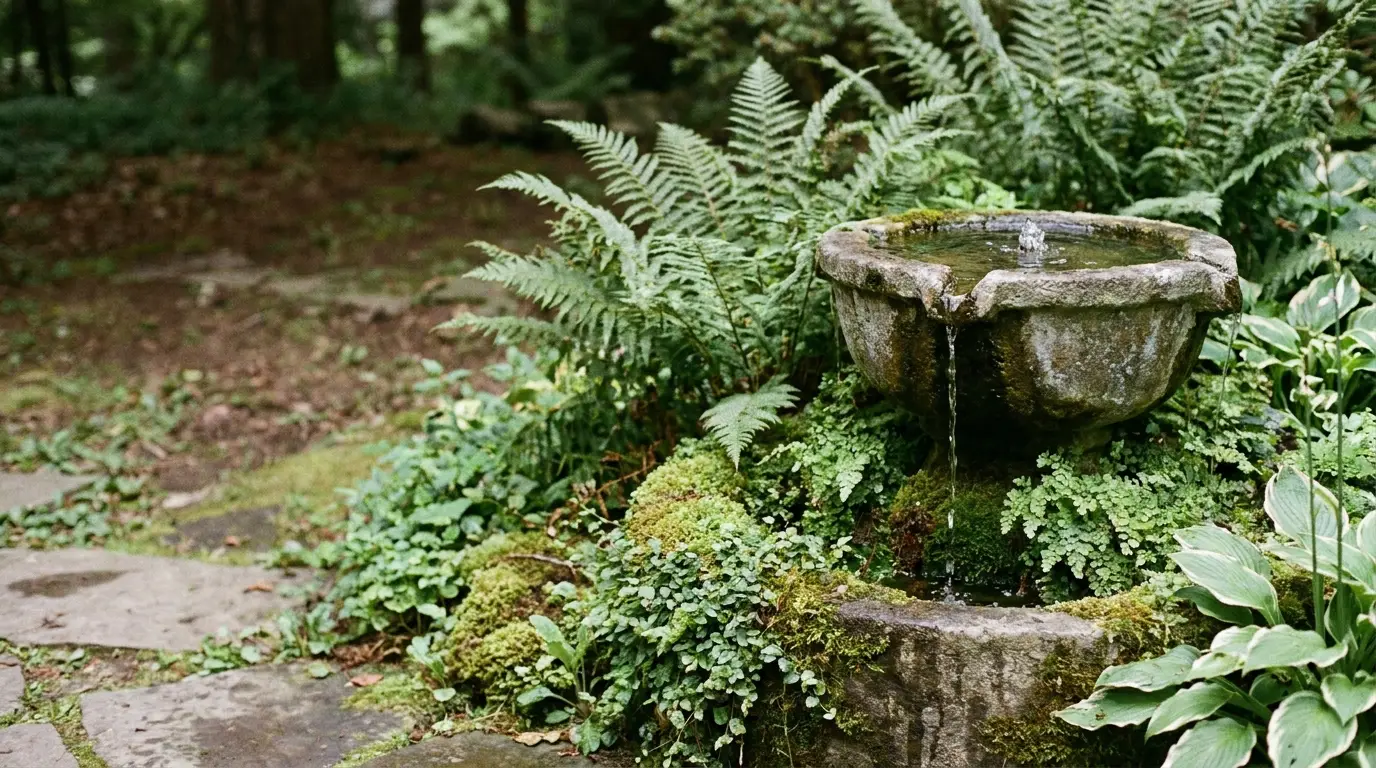 Stone bird bath surrounded by ferns and moss in a lush garden setting