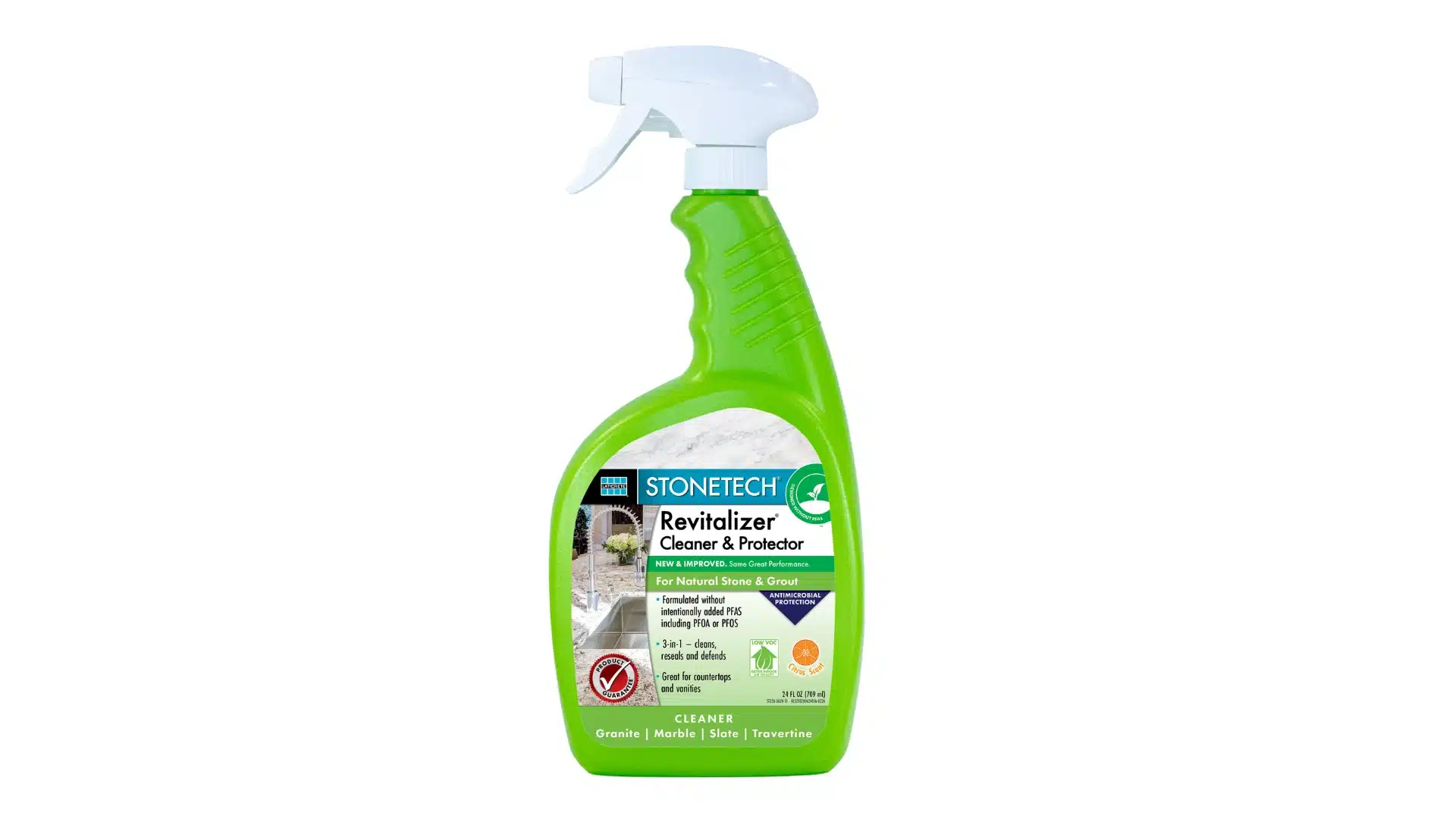 StoneTech Revitalizer cleaner and protector spray bottle for natural stone and grout on a plain white background