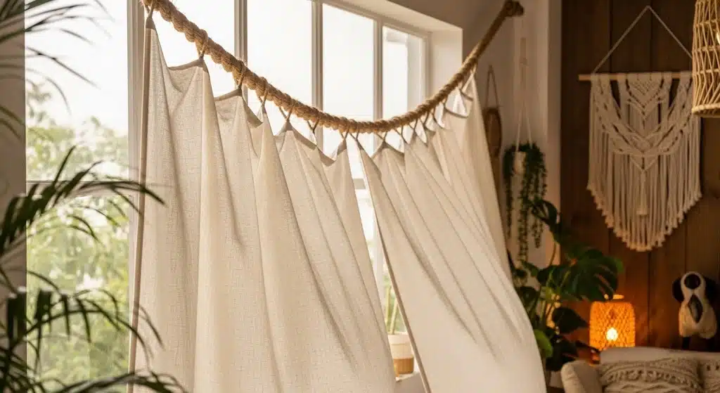 Boho sheer curtains suspended from rustic rope, creating a relaxed and creative window treatment in a cozy bedroom.