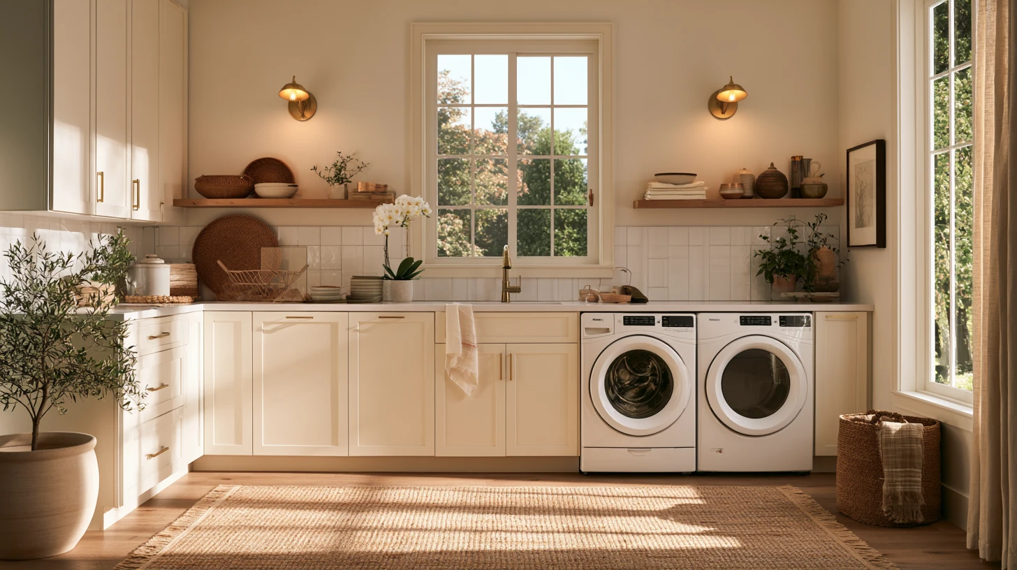Sunlit beige laundry room with white cabinets, a farmhouse sink beneath a window, open shelves, potted plants, and side-by-side front-loading washer and dryer.