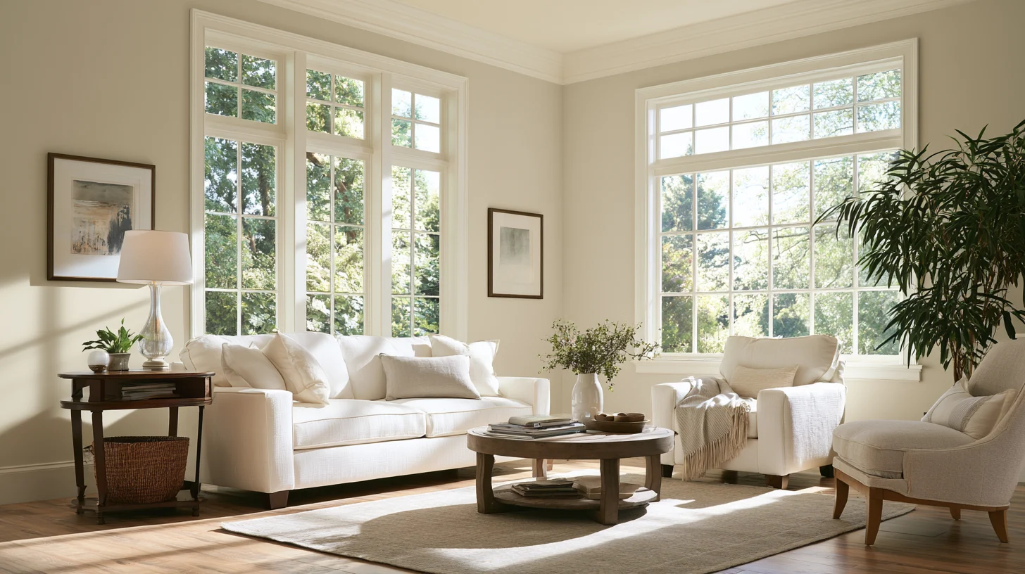 Sunlit living room with a white sofa, two armchairs, a round coffee table, large divided windows, framed art, and potted plants.