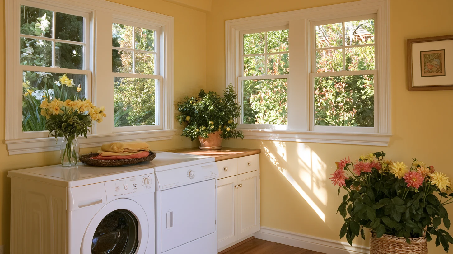 Sunny yellow laundry room with white washer and dryer, bright windows, fresh flowers, and warm natural light.