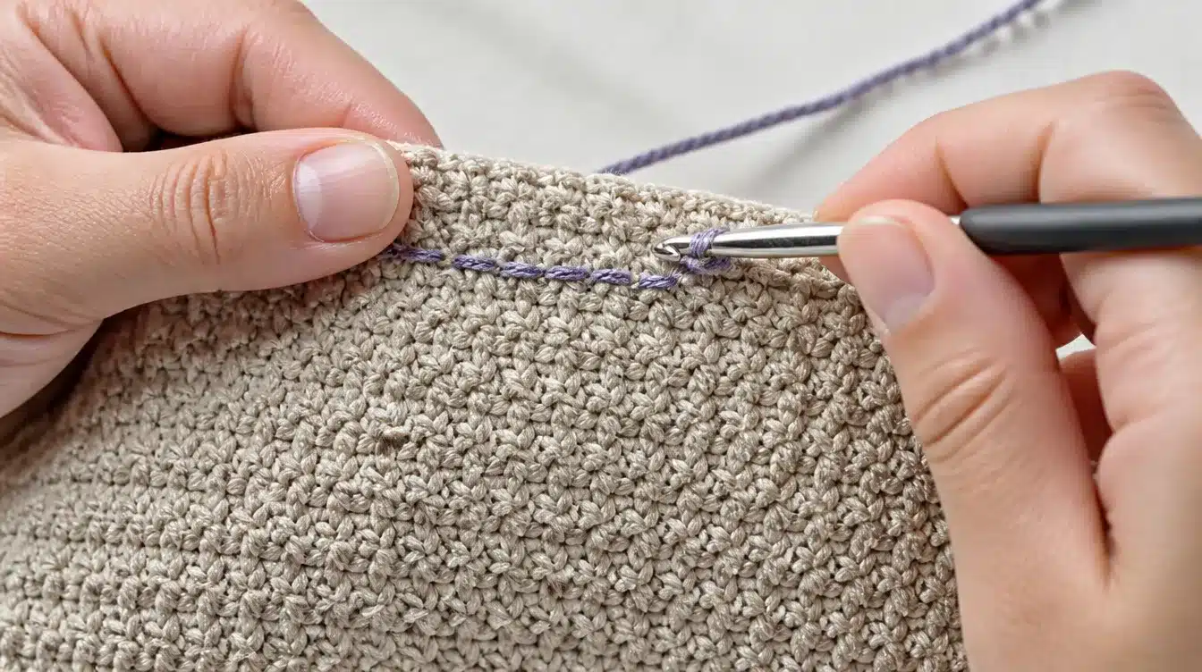 A person engaged in stitching a knitted item with a needle, highlighting the craftsmanship and attention to detail in their work.
