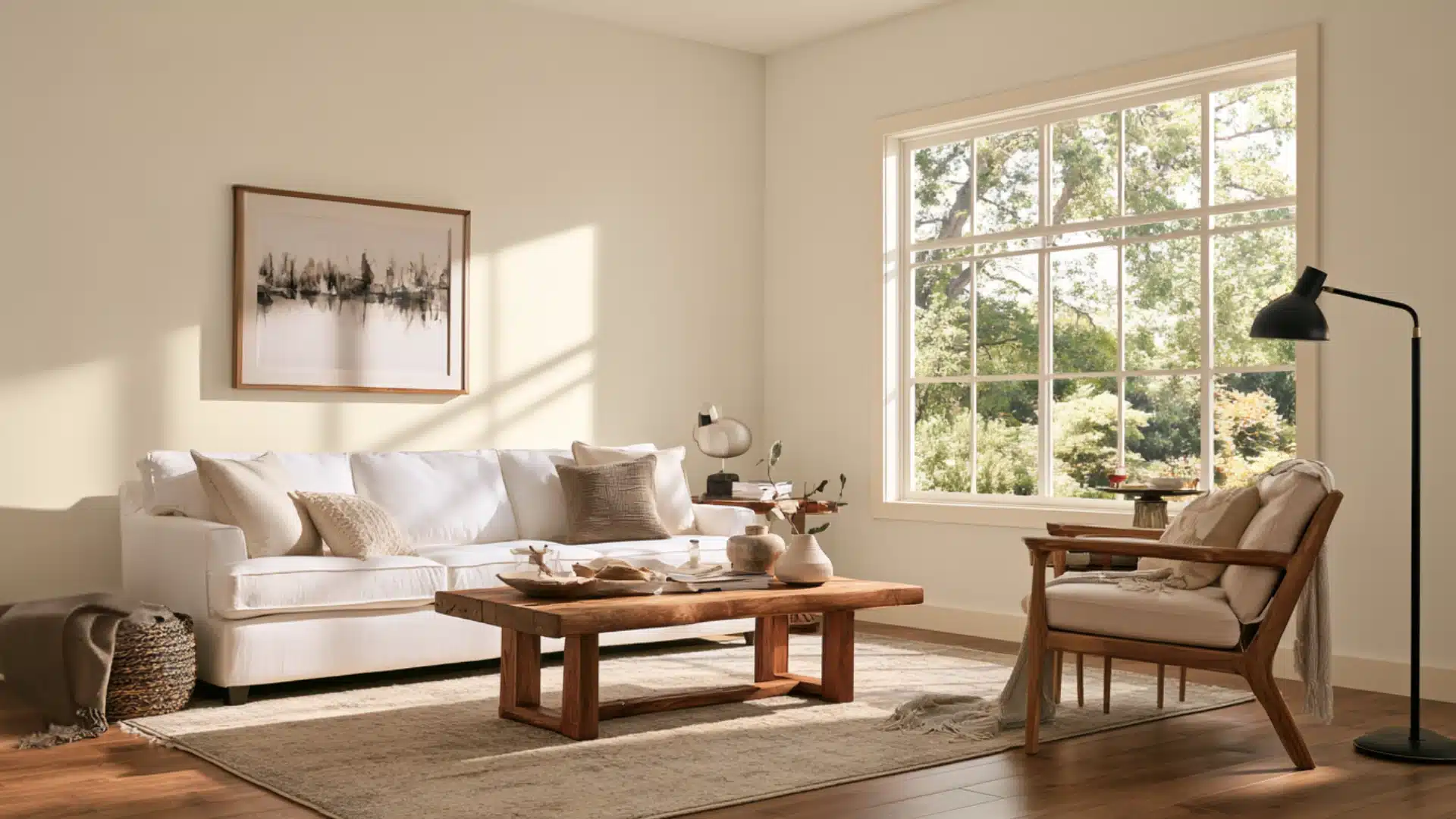 Sunlit living room with a white sofa, wooden coffee table, cushioned armchair, floor lamp, rug, and large window overlooking trees.