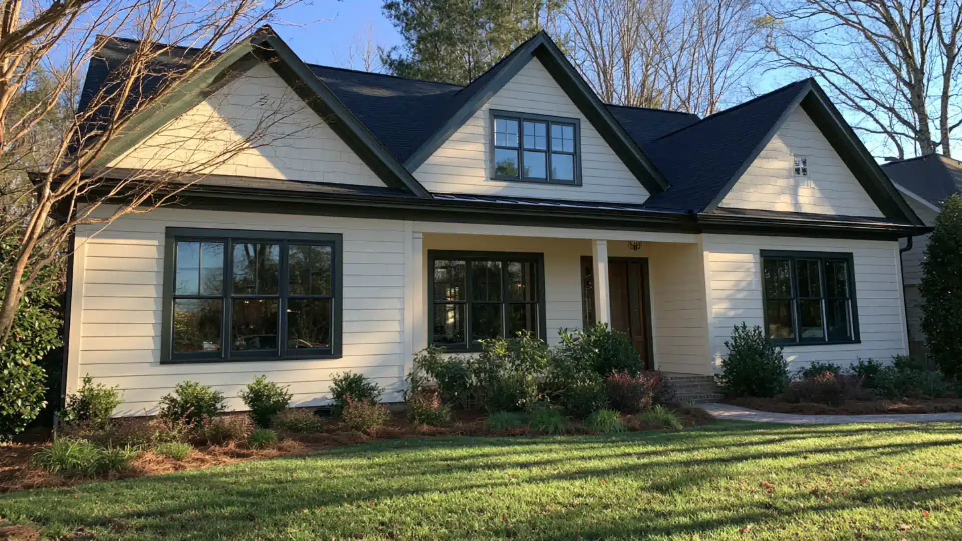 Cream house with dark green-gray trim around the windows, roofline, and gables.