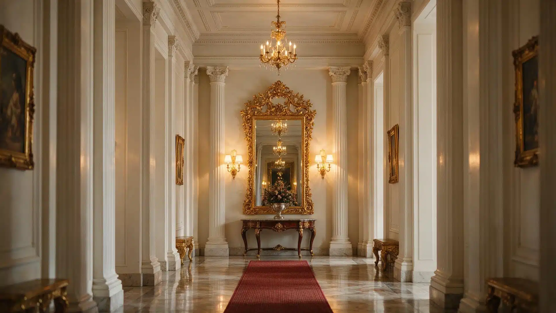 Symmetrical grand hallway with a large ornate gold mirror centered between columns.