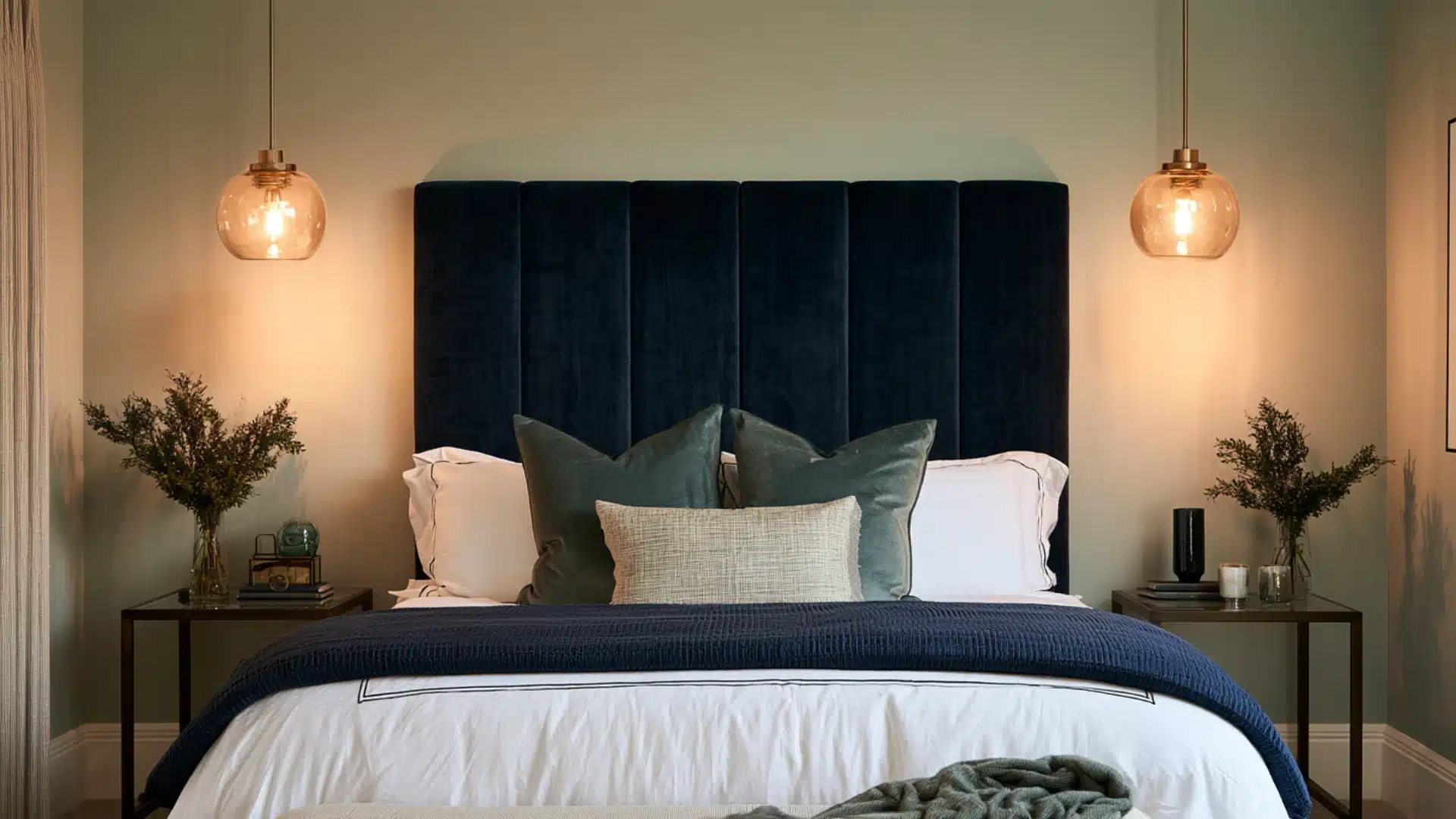 Tall navy velvet headboard bed with glowing pendant lights against a sage wall.