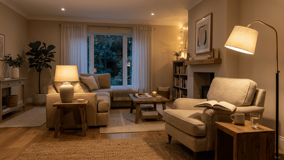 Task lighting with floor and table lamps beside living room seating