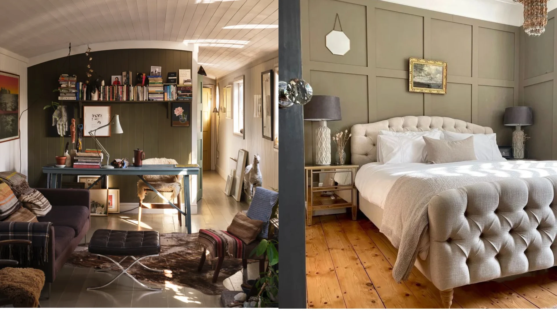 Split view of an eclectic home office and a bedroom with paneling