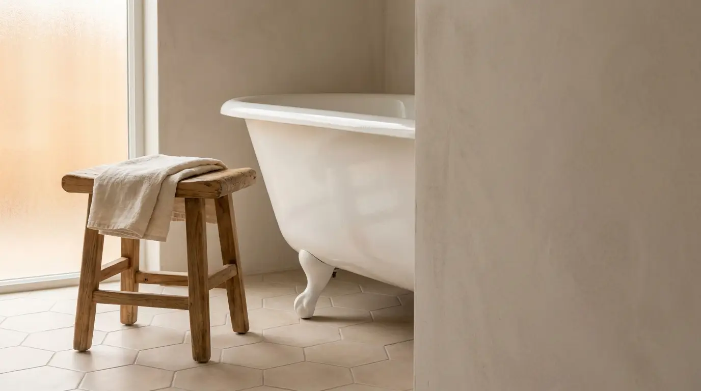 White clawfoot bathtub next to wooden stool with folded towel in beige-toned bathroom