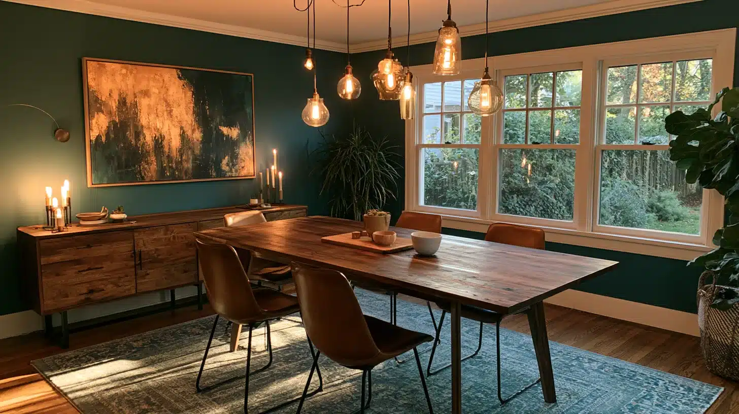 Teal dining room with wooden table, brown chairs, hanging pendant lights, large windows, plants, and warm evening lighting.