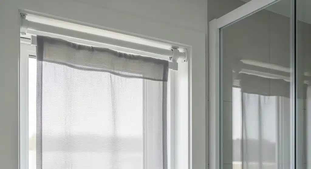 Sheer gray curtain installed on a tension rod inside a window frame for a simple no-drill window treatment.