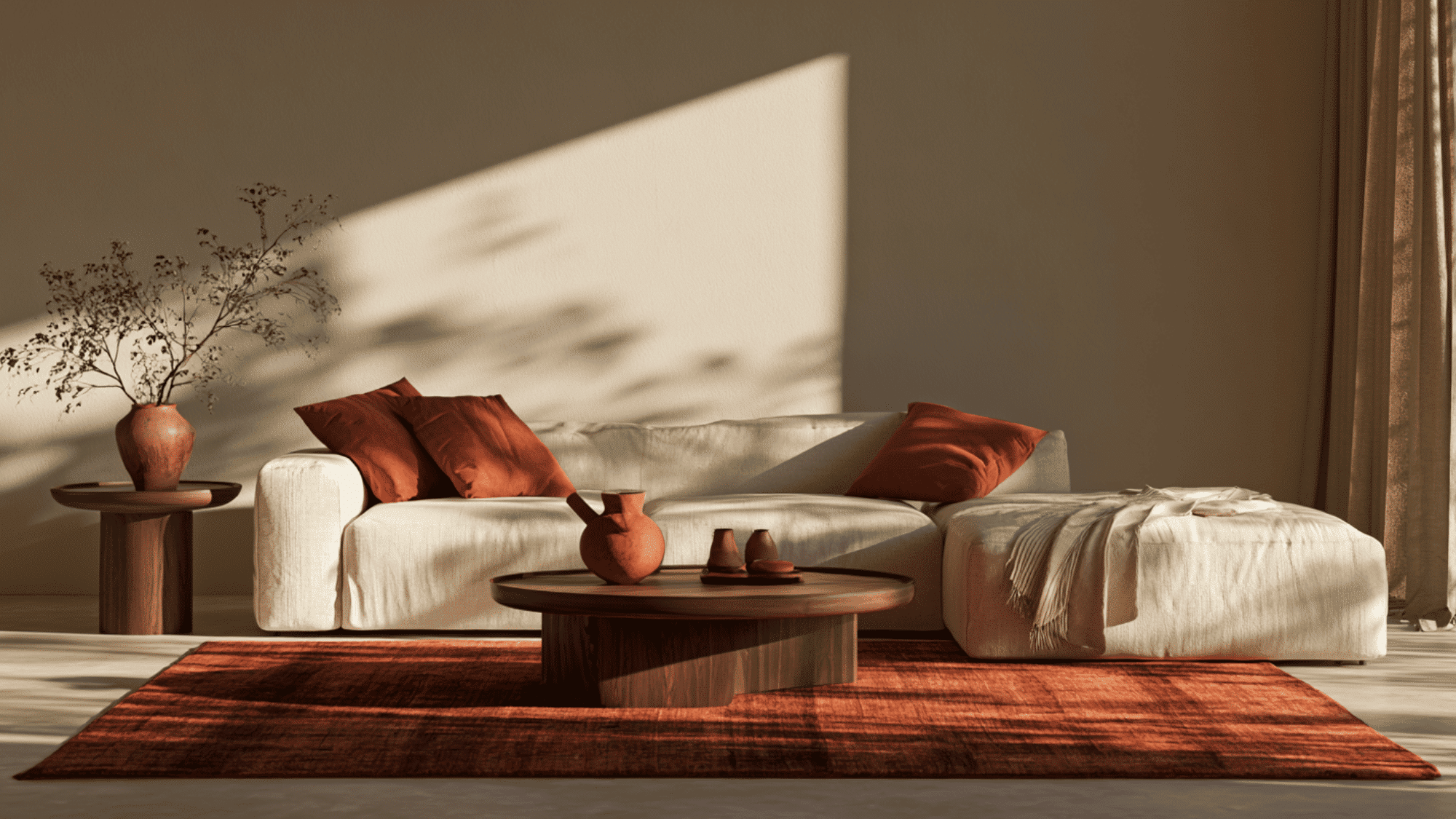 beige living room with terracotta cushions, pottery, rug, and cream sofa