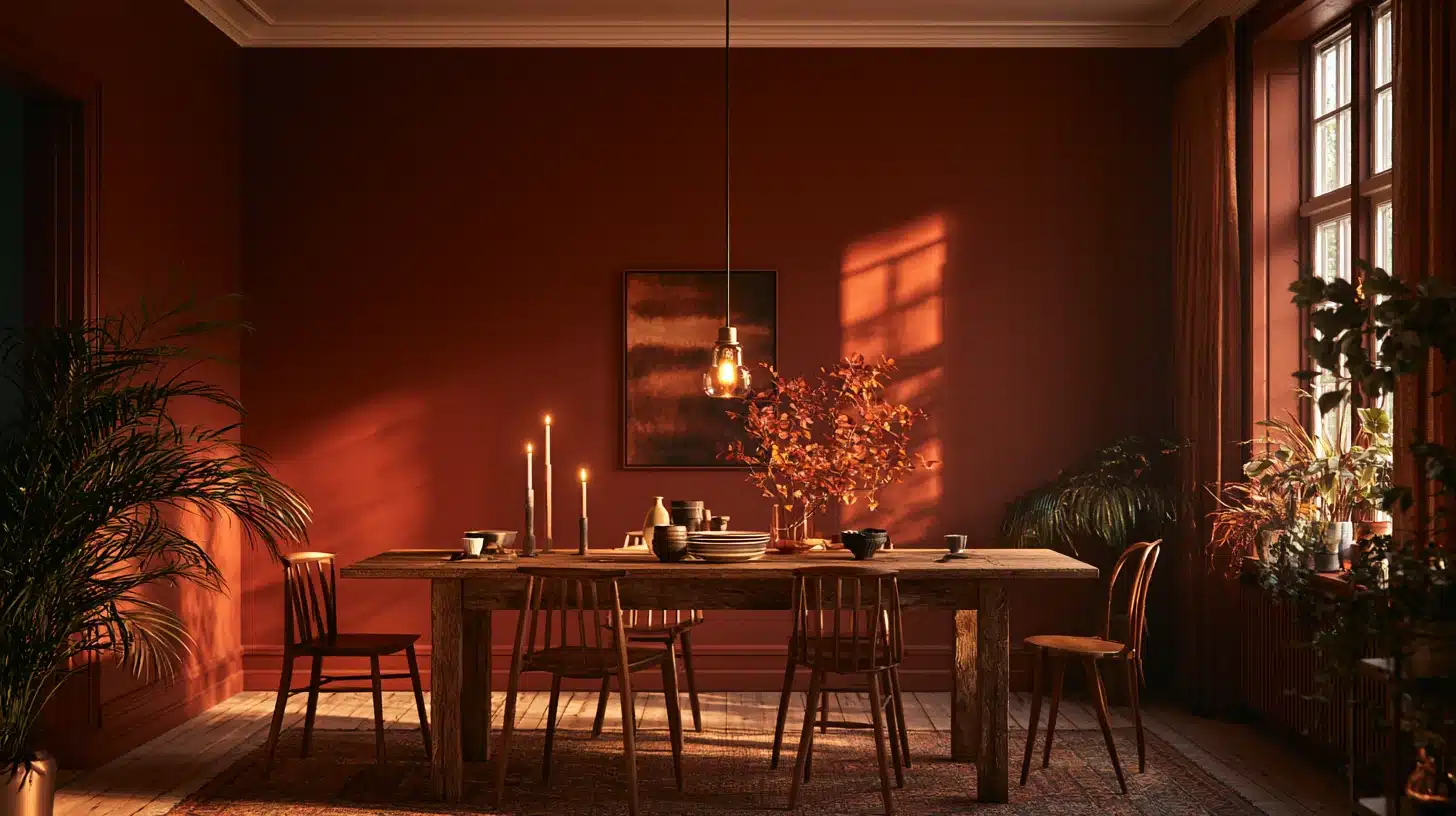 Terracotta dining room with rustic wooden table, simple chairs, pendant light, indoor plants, and warm late-afternoon sunlight.