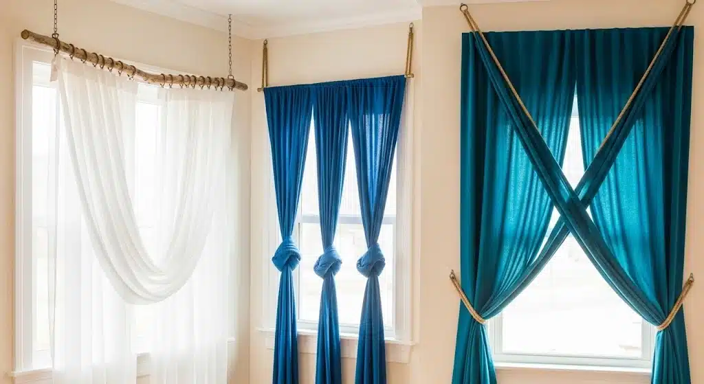 Creative curtain hanging ideas featuring sheer and blue curtains styled with ropes, knots, and decorative draping.