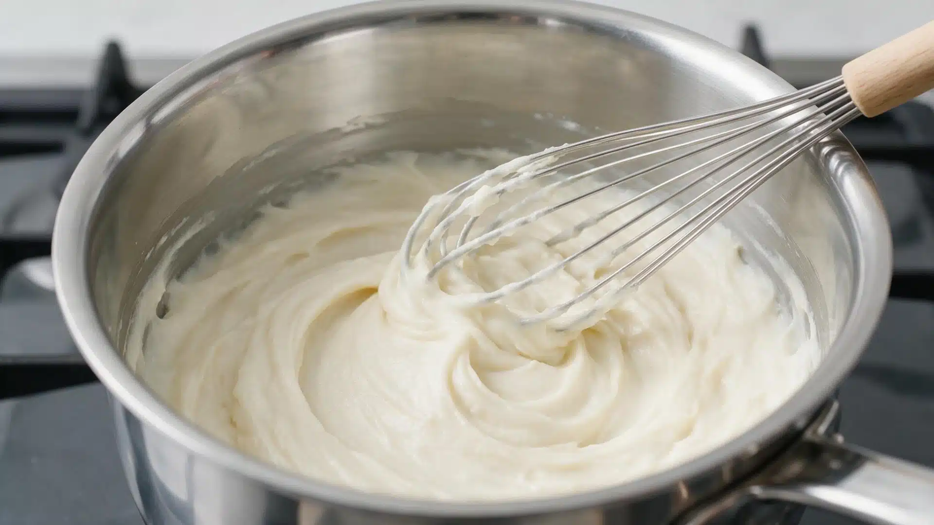 Thick white roux being whisked in a stainless steel saucepan on a stovetop
