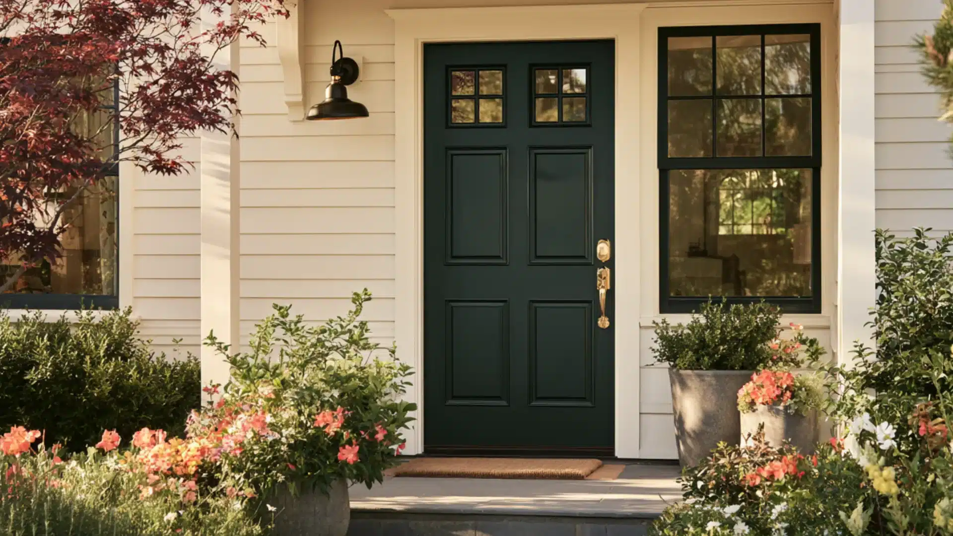 Dark green-gray front door with brass hardware on a cream-sided covered porch.