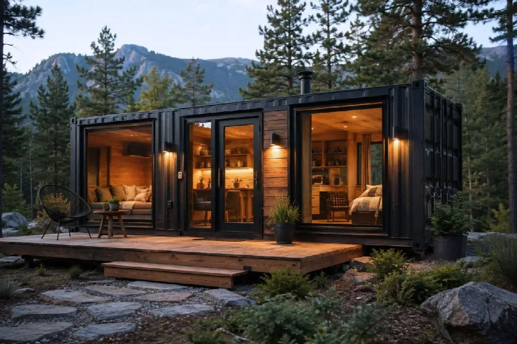 Container home with warm lighting surrounded by pine trees and mountains at dusk