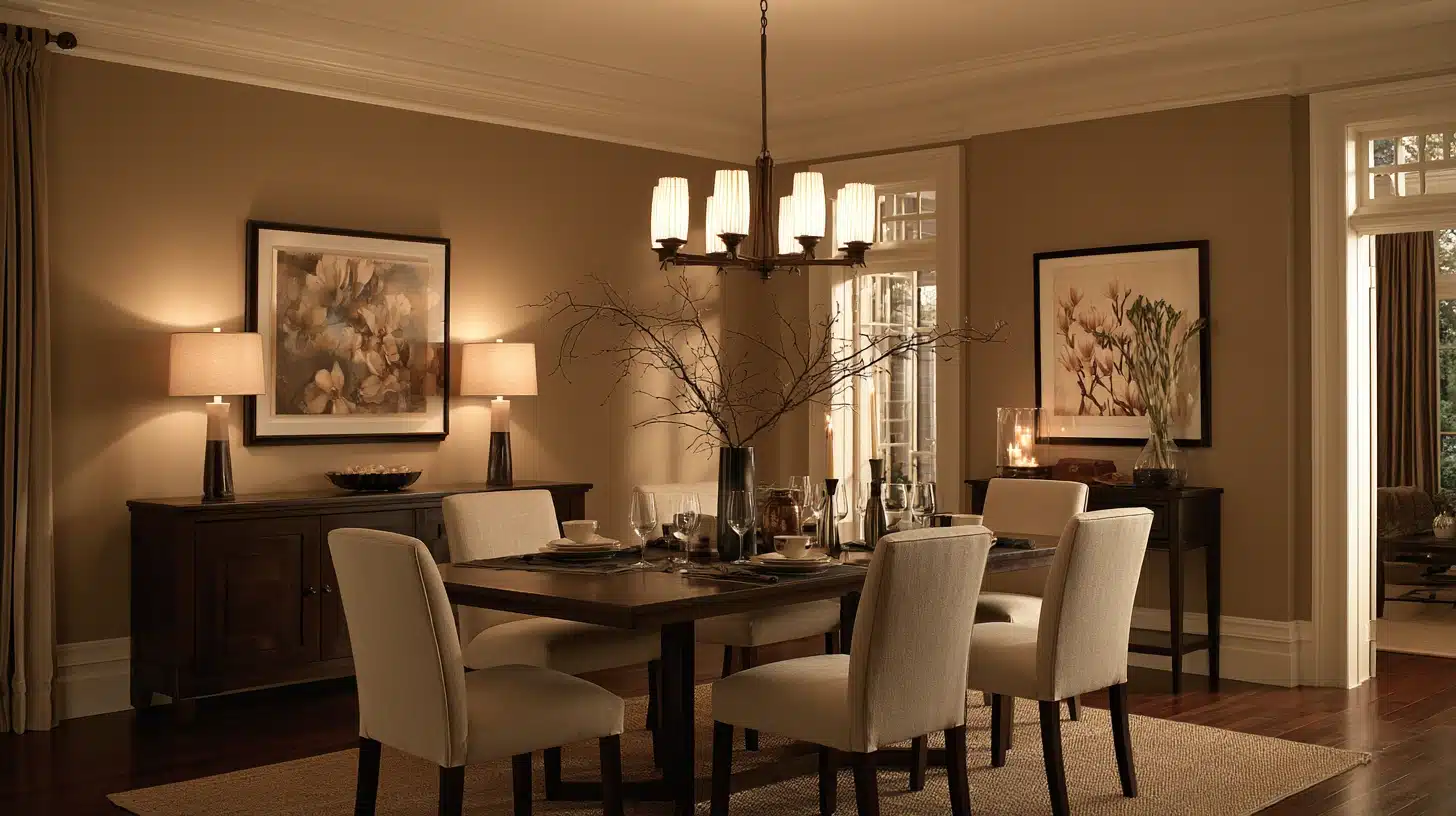 Elegant dining room with a set table, upholstered chairs, warm pendant lighting, framed botanical artwork, and decorative branches on a sideboard.