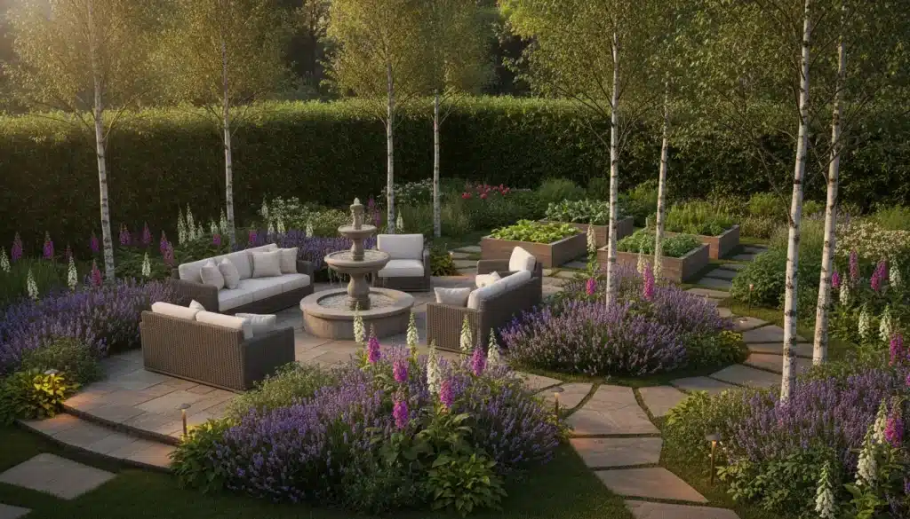 Garden with wicker seating around a central stone fountain surrounded by blooming flowers and trees