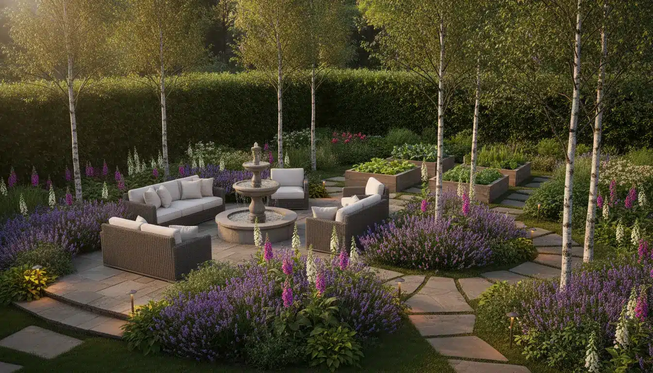 Garden with wicker seating around a central stone fountain surrounded by blooming flowers and trees