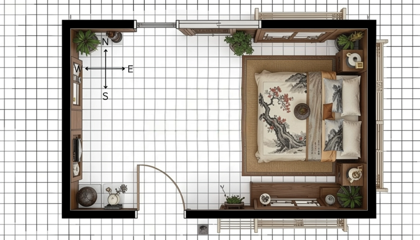 Top view of a modern bedroom layout in commanding position featuring a bed, plants, and decorative items.
