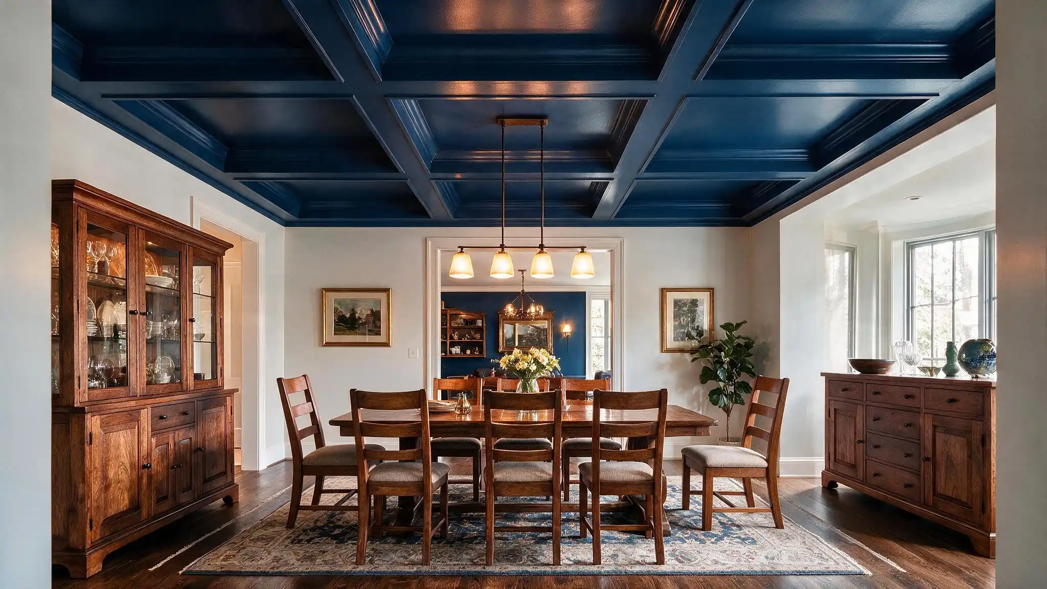 Traditional dining room with navy coffered ceiling wooden furniture warm pendant lights classic decor and white walls