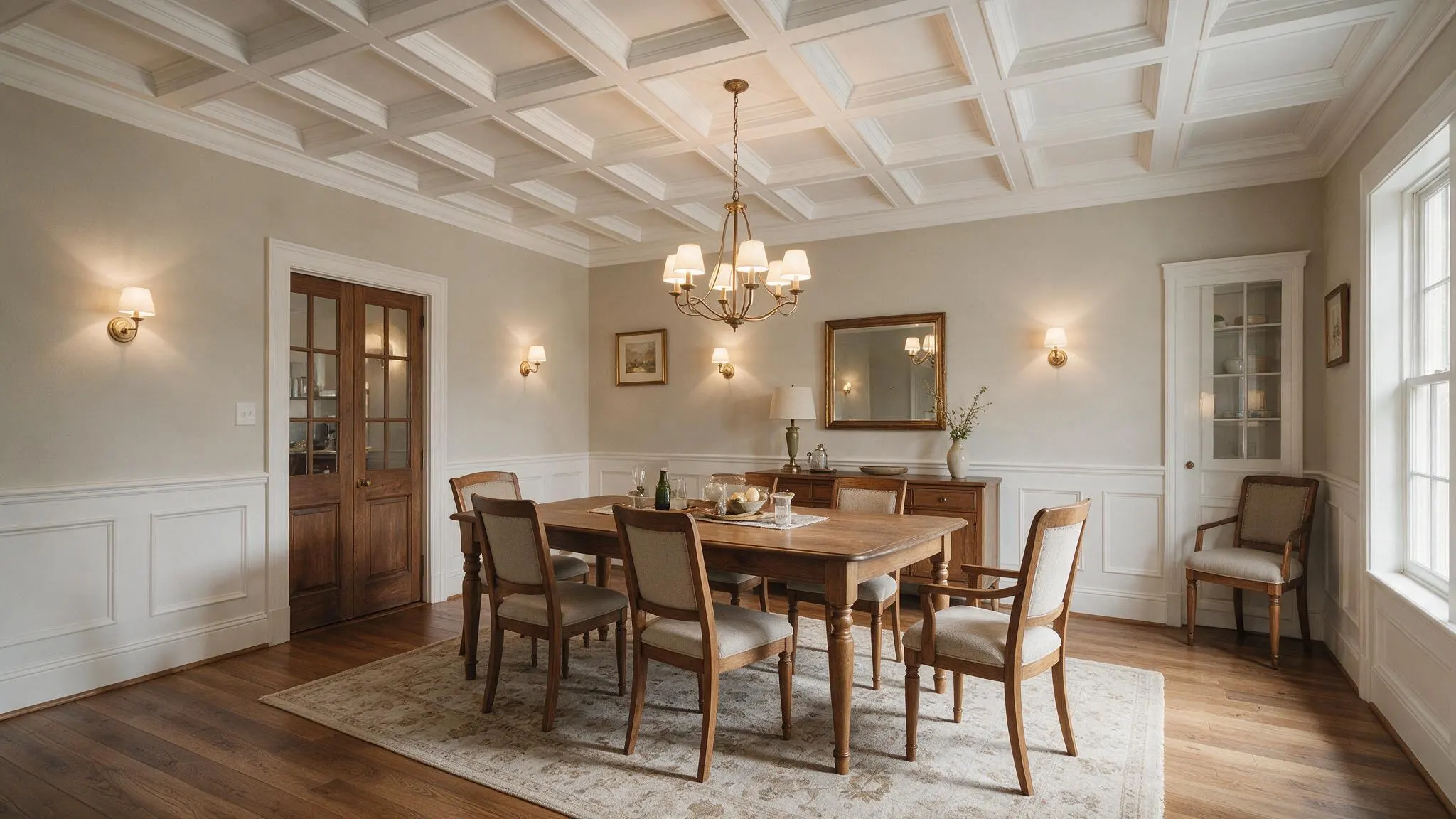 Traditional dining room with white coffered ceiling centered chandelier wooden table matching chairs and soft wall lighting
