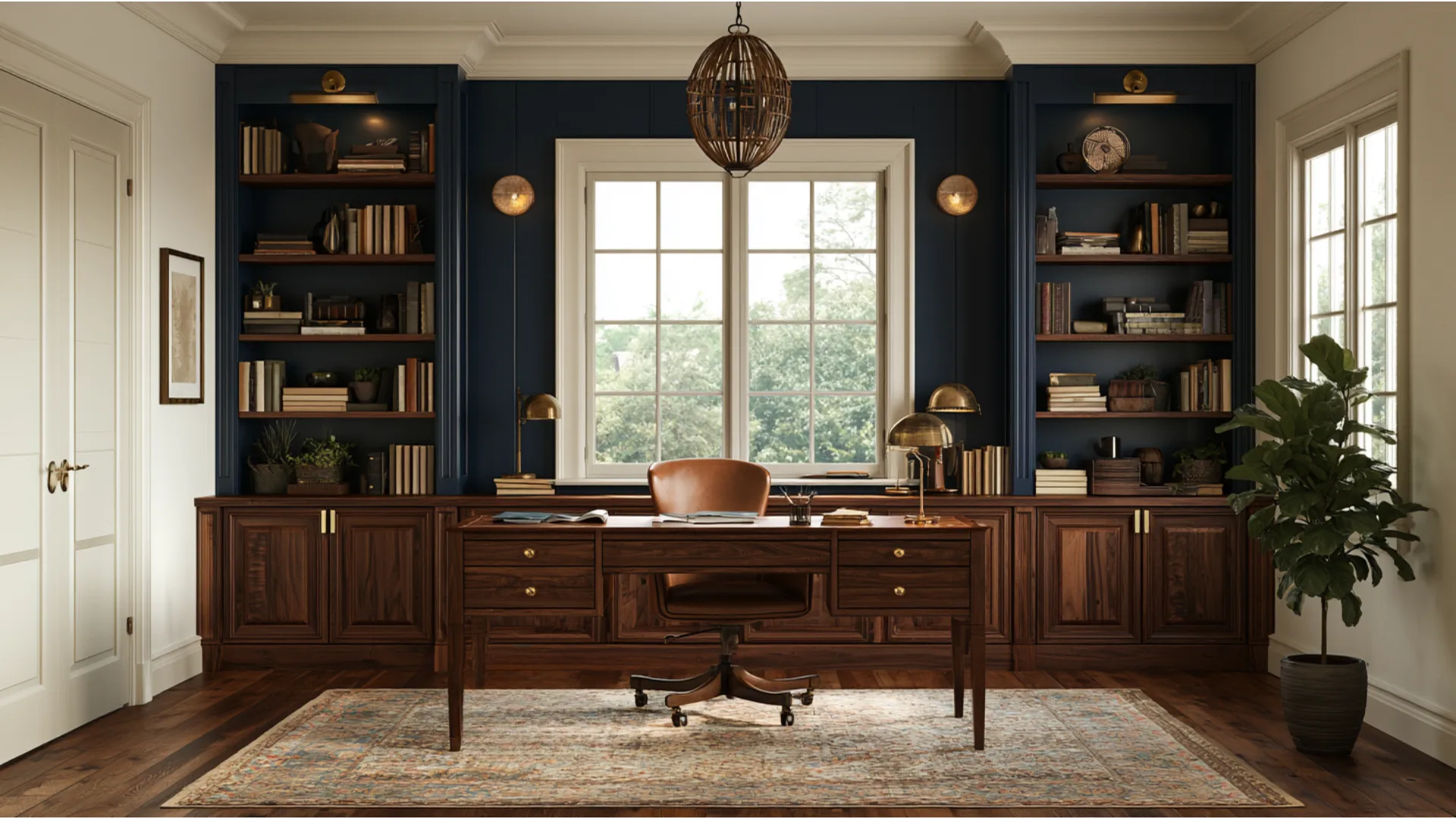 Traditional home office with Hale Navy built-in bookshelves, rich wood cabinetry and desk, brass accents, a patterned rug, and a leather office chair.
