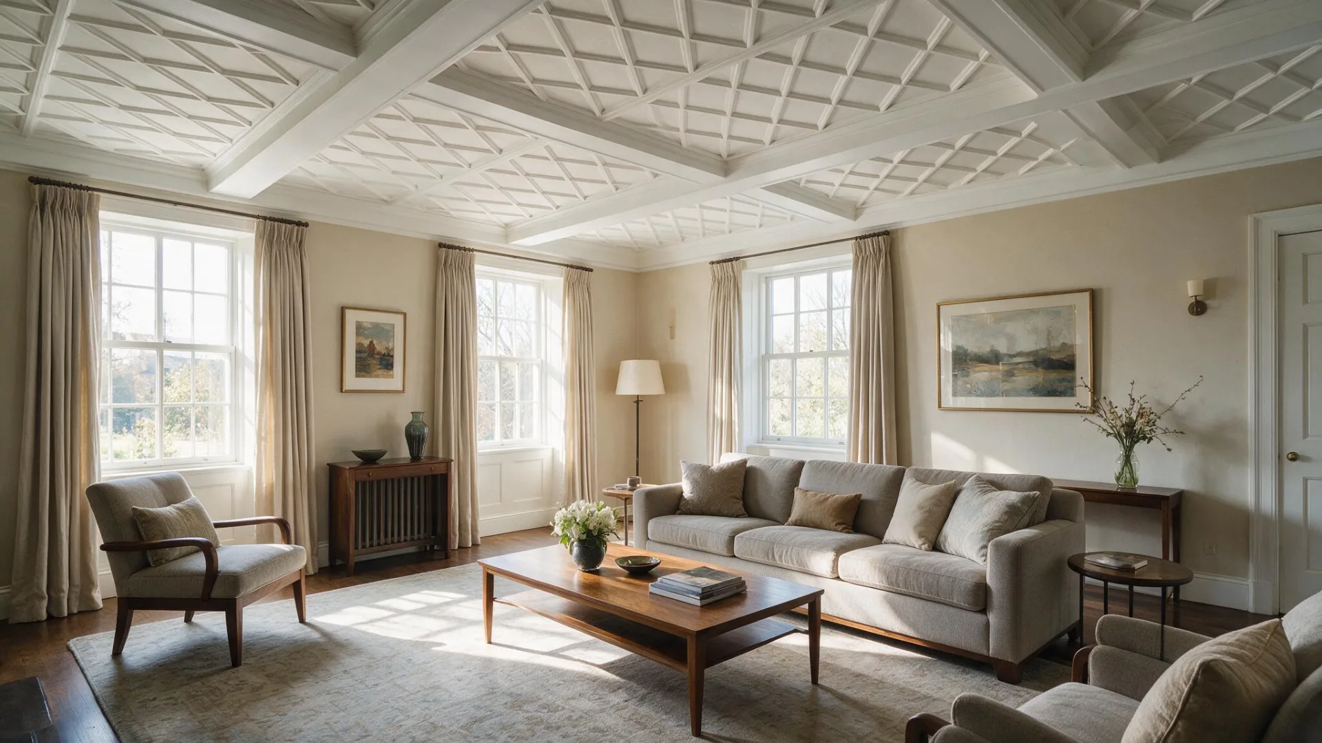 Traditional living room with detailed white diamond pattern coffered ceiling beige walls wooden furniture and tall bright windows