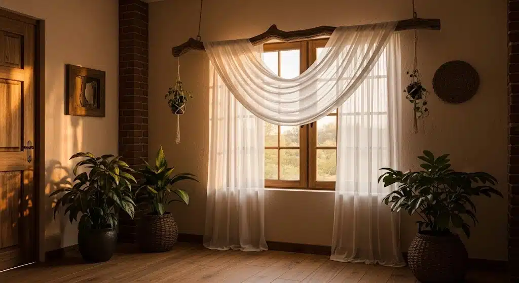 Sheer white curtains draped over a rustic tree branch curtain rod in a warm, nature-inspired living room.
