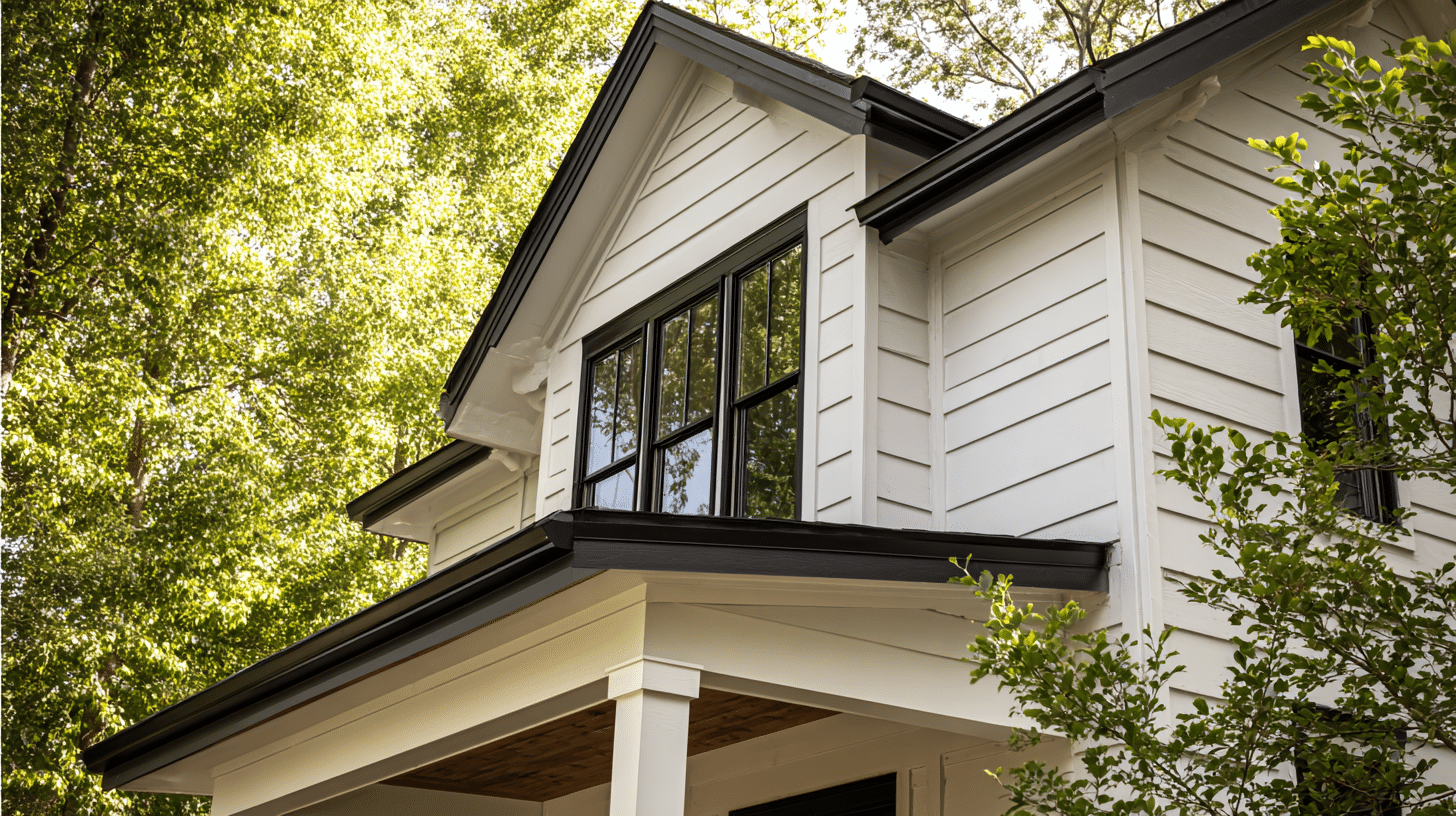 White house exterior with Urbane Bronze trim, gutters, and window frames