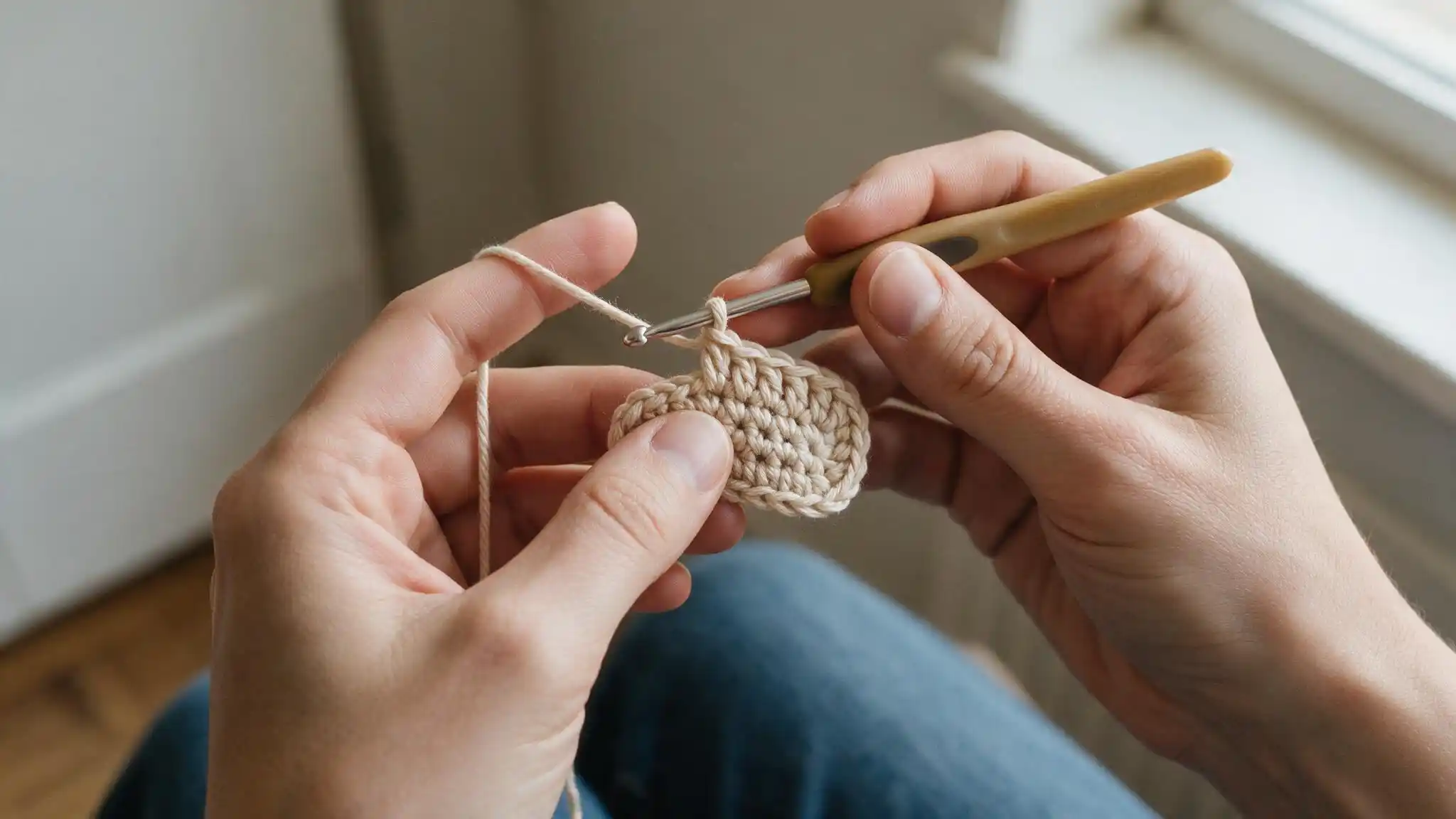 Hands turning a crochet piece and beginning the next row with a crochet hook