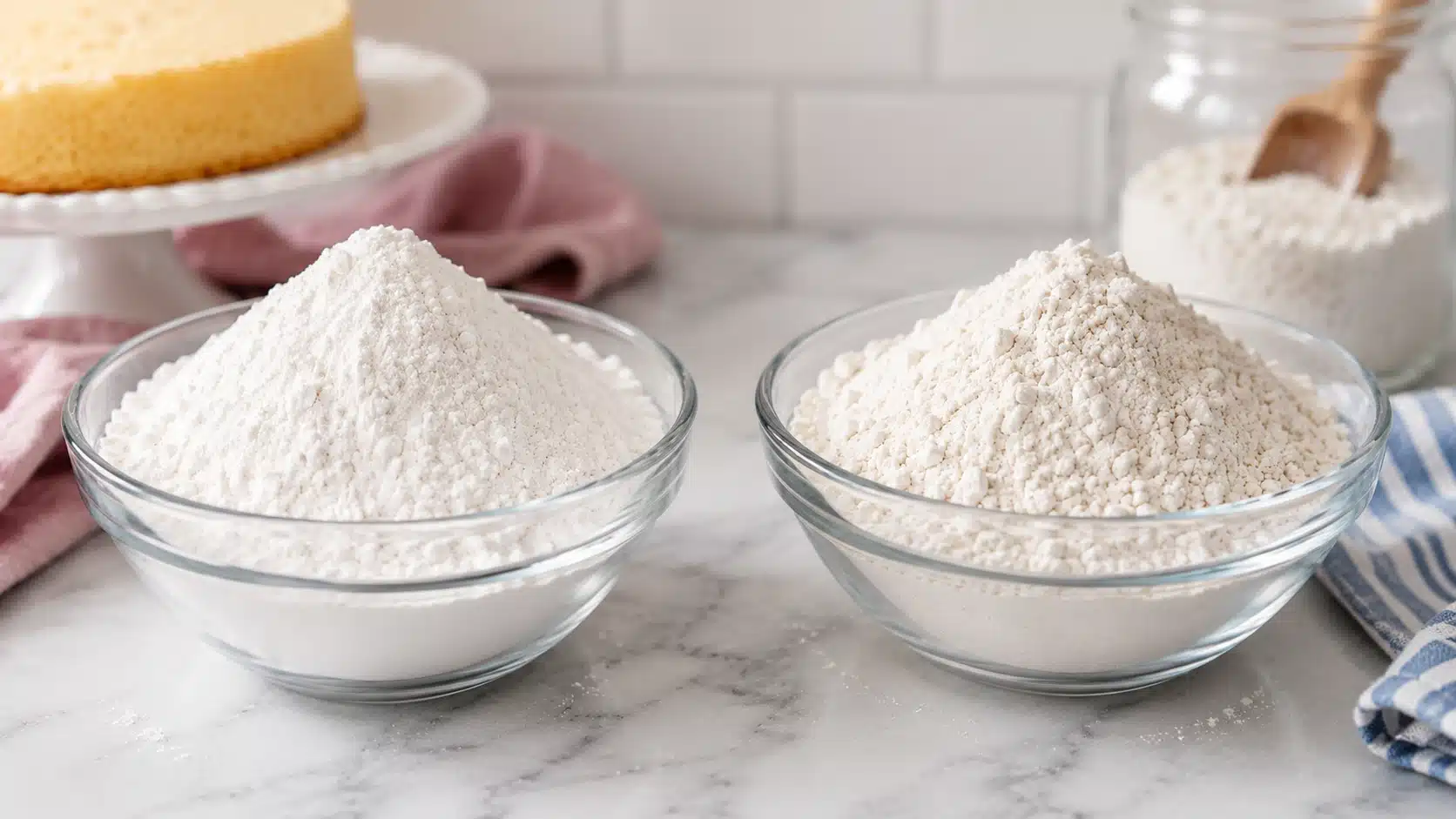 two bowls of cake flour and all-purpose flour side by side on a kitchen counter