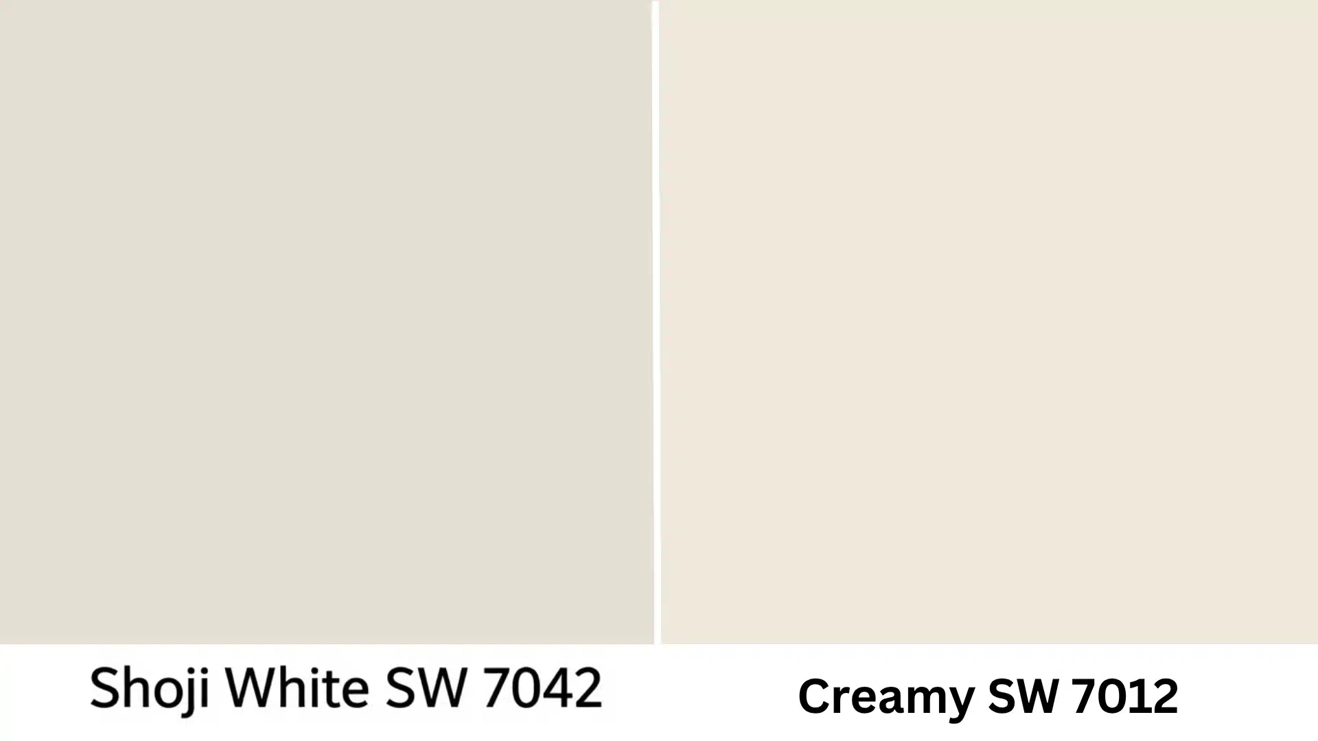 Two side-by-side off-white paint swatches labeled “Shoji White SW 7042” and “Creamy SW 7012.”