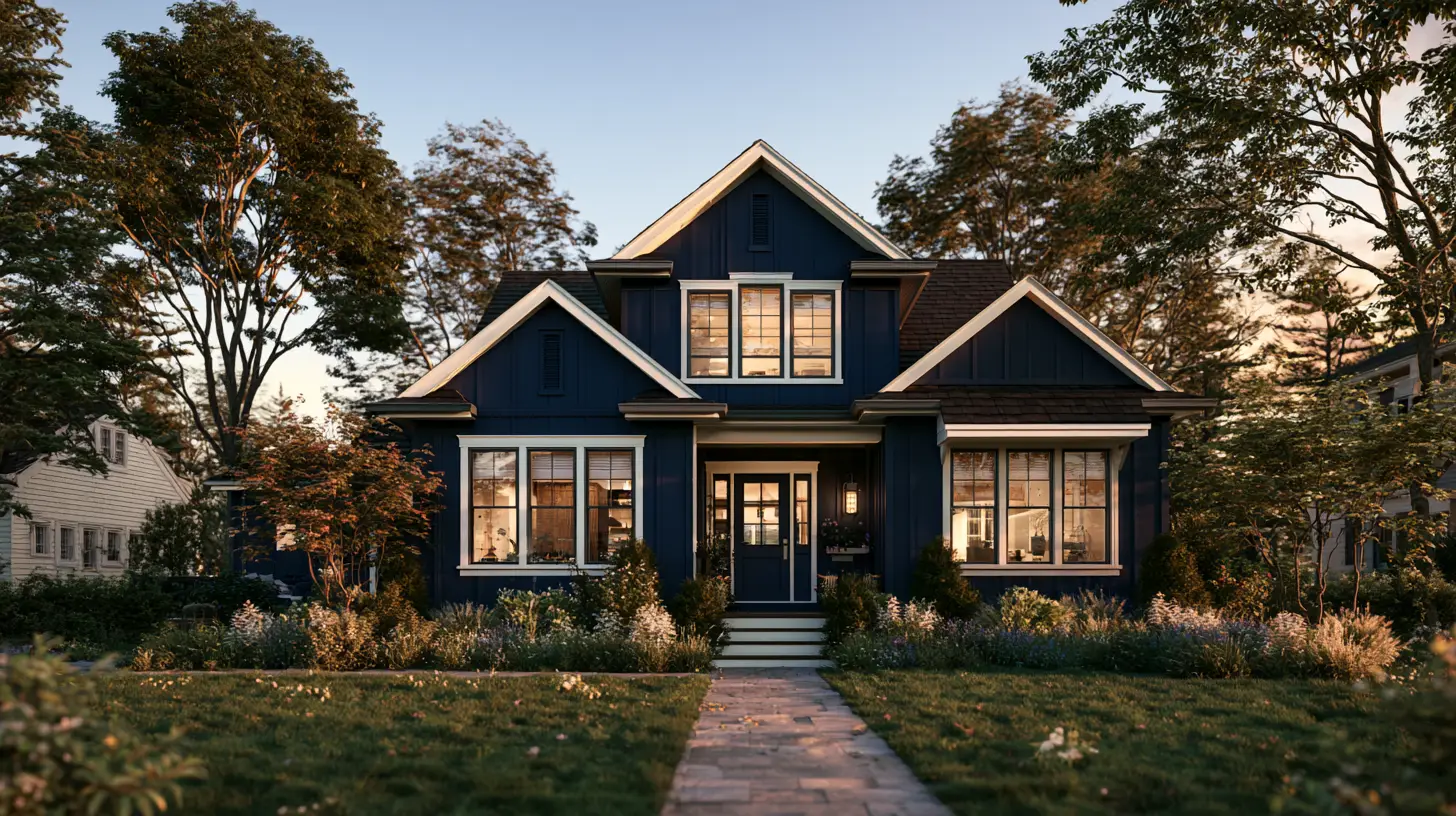 Two-story home with Hale Navy exterior siding, crisp white trim, warm interior lighting, landscaped gardens, and a welcoming front entry.