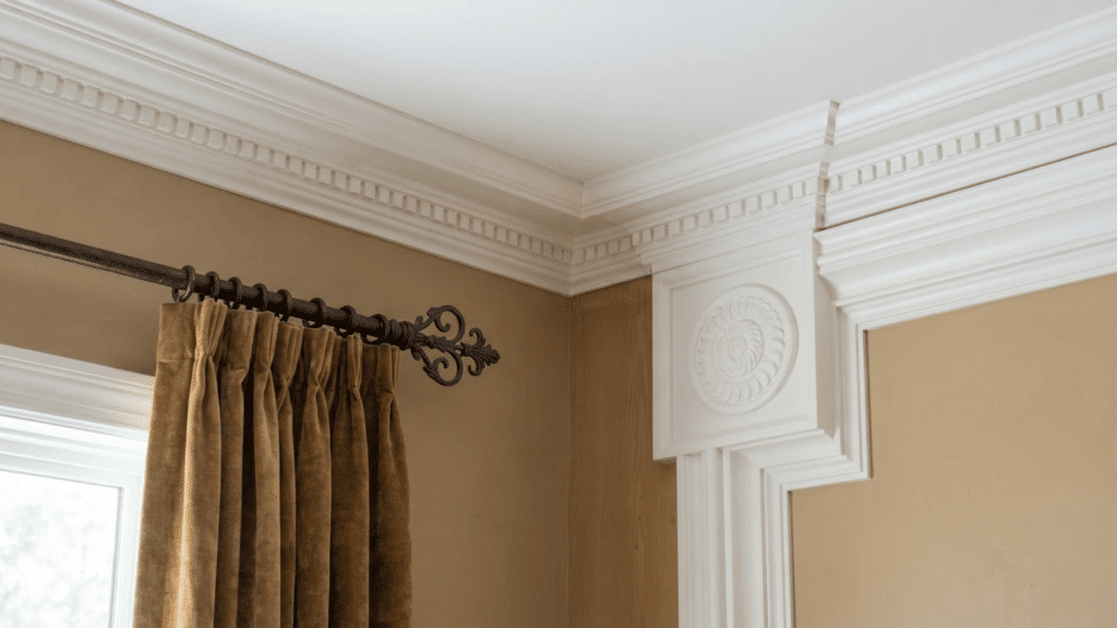 Types of crown molding shown in one interior with decorative trim around walls.