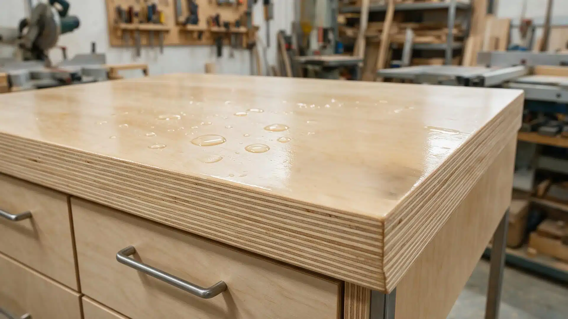 Water-resistant marine plywood cabinet top showing dense layers and water drops