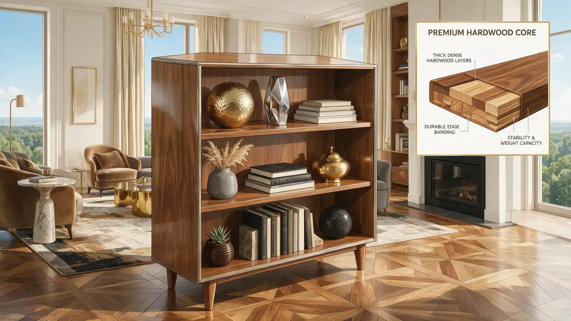 Hardwood bookshelf in a living room with a diagram showing internal plies