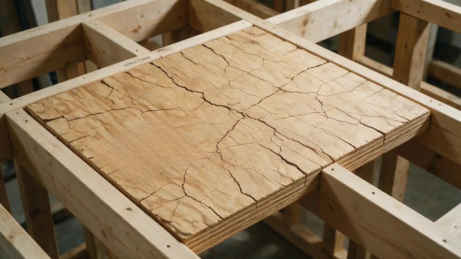Cracked structural plywood panel installed within a wooden frame structure